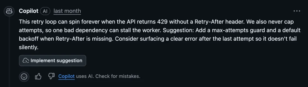 Copilot code review comment warning that a retry loop could run indefinitely when an API returns HTTP 429 without a Retry-After header and suggesting adding a retry limit and backoff.
